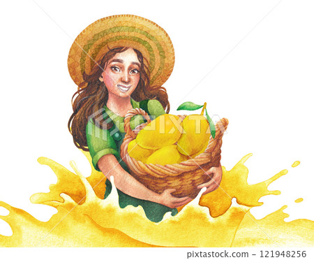 Watercolor smiling girl stands with a basket of mangoes in a splashes of juice. 121948256
