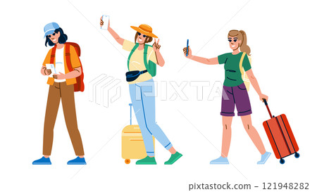 explore woman tourist phone vector 121948282