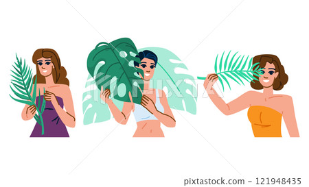exotic tropical leaves woman vector 121948435