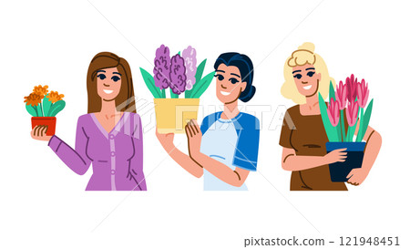 bloom flowers pot woman vector 121948451