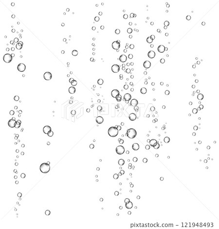 Oxygen air bubbles flow in water on white background. Oxygen air bubbles flow in water on white background. 121948493