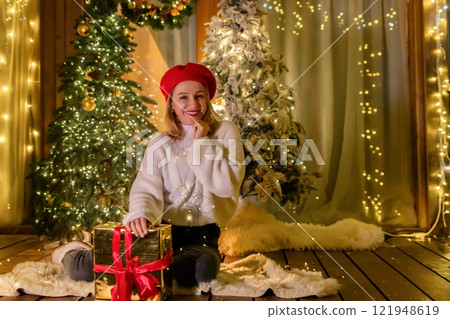 Woman Christmas Gift Holiday Decorated Home 121948619