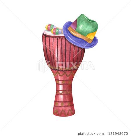 Djembe drum with colored maracas and carnival hat watercolor illustration. Traditional ethnic music percussion instruments. Mardi Grass, Brazilian parade. For greeting card, poster 121948670