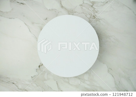 Top view of empty White round podium mockup on marble background 121948712