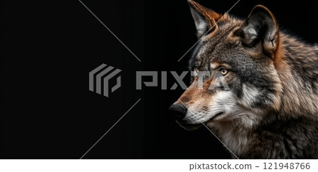 Wolf gazing into the distance with striking fur and intense eyes captured in a dark environment, black background with copy space 121948766