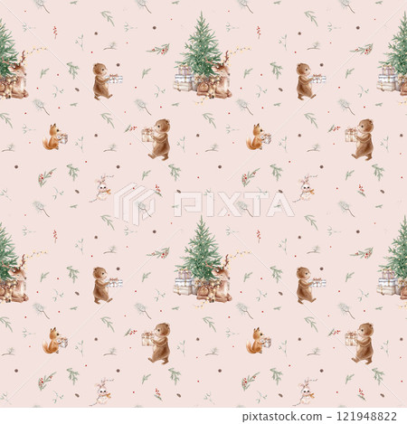 Seamless pattern with watercolor illustration of Christmas tree and pine branches, needle and baby deer with garland. Hand painted animals: bear and fox and hare with scarves. Repeat background. 121948822
