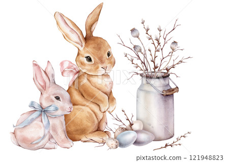 Watercolor illustration bouquet of willow branches and tree dry branch without leaves in metal can and cute hare or bunny with bow. Easter quail eggs and chicken color painted eggs. For easter design Watercolor illustration bouquet of willow branches and tree dry branch without leaves in metal can and cute hare or bunny with bow. Easter quail eggs and chicken color painted eggs. For easter design 121948823