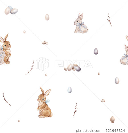 Watercolor seamless pattern with easter bunny with bow and quail and colors eggs. Repeat pattern pastel color with rabbit. Tender watercolor hand drawn illustration willow. For Easter design. 121948824