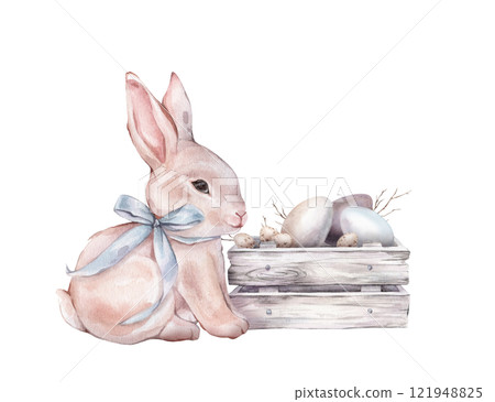 Cute watercolor illustration wooden box made of white gray with chicken and quail eggs and willow branches and Easter bunny or hare with bow. Hand drawn illustration isolated on background for card 121948825