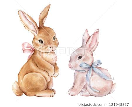 Watercolor cute red hare with bow. Drawing of bunny in pastel warm and beige colors. Hand drawn illustration rabbit on isolated background. For childish shower greeting cards or kids invitations 121948827