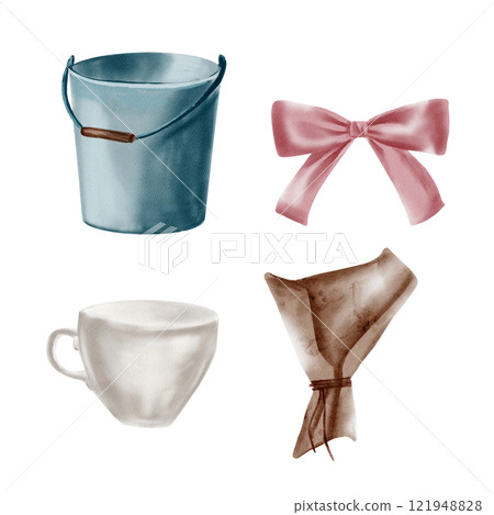 blue bucket, pink silk bow, porcelain cup, craft paper packaging for a bouquet. Set of watercolor illustrations without background. Vintage things in retro style. Antiques for the flea market. 121948828