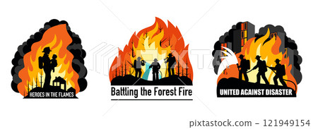 Set of Three Conceptual Silhouette Illustrations Featuring Firefighters in Action with Text for Posters, Banners, Firefighter Day, and Social Awareness Campaigns 121949154