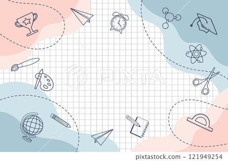 Background with school supplies and education icons hand drawn doodle elements. Illustration, back to school banner Background with school supplies and education icons hand drawn doodle elements. Illustration, back to school banner 121949254