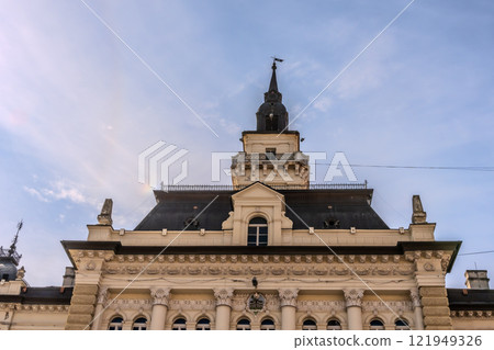 A panoramic city view of Novi Sad with its iconic bridge over the Danube River is a breathtaking sight. From this vantage point, the city sprawls beneath the sky, with the elegant Varadin Bridge 121949326