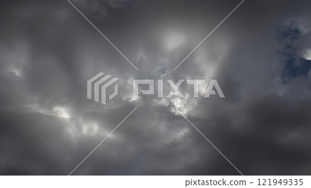 Beautiful dark dramatic sky with stormy clouds before rain or snow. Thunderstorm heaven landscape. Timelapse. 121949335