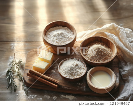 various baking ingredients 121949467