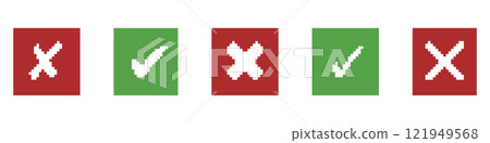 Pixelated Green Check Marks and Red X icons Set in Squares. Approval and Error Sign Collection for Retro UI Design. Success and Failure Sign. Isolated Vector Illustration Pixelated Green Check Marks and Red X icons Set in Squares. Approval and Error Sign Collection for Retro UI Design. Success and Failure Sign. Isolated Vector Illustration 121949568