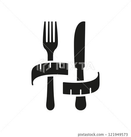 Cutlery With Measuring Tape, Diet And Weight Management Concept. Wellness And Nutrition Designs. Health, Fitness, Weight Control. Isolated Vector Illustration Cutlery With Measuring Tape, Diet And Weight Management Concept. Wellness And Nutrition Designs. Health, Fitness, Weight Control. Isolated Vector Illustration 121949573