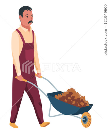 A dedicated man is pushing a wheelbarrow filled with soil to enhance his gardening space A dedicated man is pushing a wheelbarrow filled with soil to enhance his gardening space 121949600
