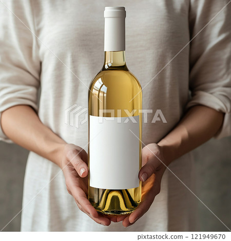 White wine bottle mockup with blank label held in woman's hands. 121949670