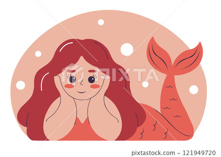 Cartoon mermaid with long red hair underwater vector flat illustration. Mythical marine creature 121949720