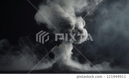White smoke creating abstract shapes rising on dark background. 121949911