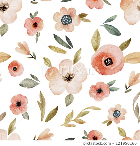 Seamless pattern with watercolor cute pink flowers. Botanical hand painted on white background. Seamless pattern with watercolor cute pink flowers. Botanical hand painted on white background. 121950166