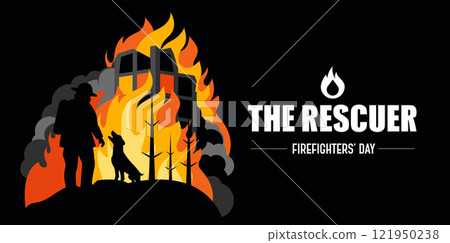 The Rescuer banner. A Brave Firefighter and His Loyal Dog Amidst the Ruins of a Burning Building in a vector illustration 121950238