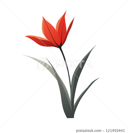 Red floral vector design featuring a single bloom with green leaves Red floral vector design featuring a single bloom with green leaves 121950441