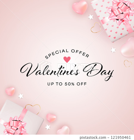 Special offer for Valentine's Day with gift boxes and decorations showcasing discounts up to 50 percent off Special offer for Valentine's Day with gift boxes and decorations showcasing discounts up to 50 percent off 121950461