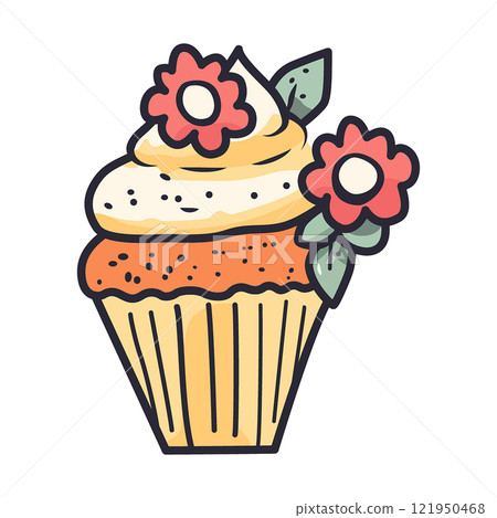 Decorative cupcake with frosting and flowers for festive celebrations and events Decorative cupcake with frosting and flowers for festive celebrations and events 121950468