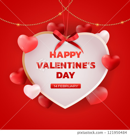 Celebrate love with a festive Valentine's Day greeting featuring hearts and festive decorations on a bright red background Celebrate love with a festive Valentine's Day greeting featuring hearts and festive decorations on a bright red background 121950484