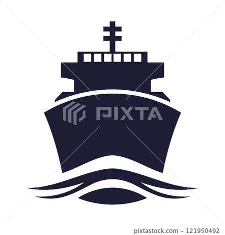 Large cargo ship silhouette navigating through ocean waves at sunset with minimalistic design 121950492