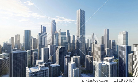 Modern metropolis shines under clear blue sky with sunlight illuminating skyscrapers 121950494
