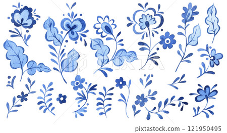 watercolor illustration, set of blue ornaments. folk pattern watercolor illustration, set of blue ornaments. folk pattern 121950495