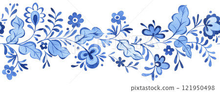 watercolor illustration, seamless border of blue ornaments. folk pattern 121950498