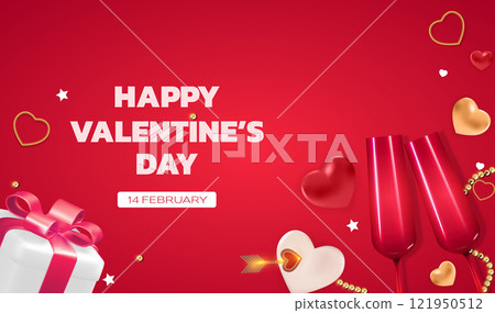 Valentine's Day celebration with red hearts, champagne flutes, and gift box on February 14 121950512