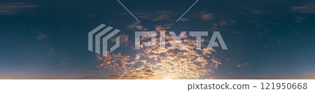 360 panorama of glowing sunset sky with bright pink Cumulus clouds. HDR 360 seamless spherical panorama. Full zenith or sky dome sky replacement for aerial drone panoramas. Climate and weather change. 121950668