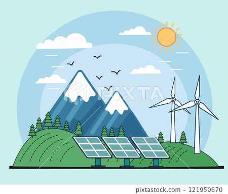 solar panels with wind turbines against mountanis landscape and blue sky solar panels with wind turbines against mountanis landscape and blue sky 121950670