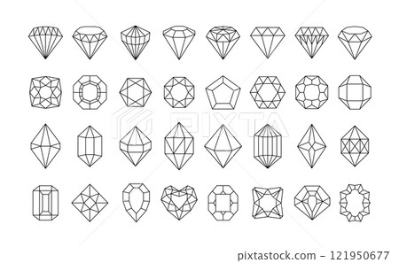 Linear diamond icons. Crystal gems, luxury gemstones and jewels diamonds outline. Brilliant gem, faceted precious stones minimal geometric style shapes vector set with editable stroke paths 121950677