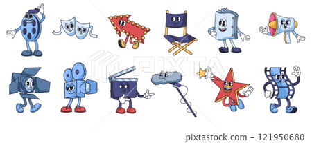 Groovy cinema mascots. Film studio, filming and movie production characters. Retro cartoon rubber hose style isolated vector illustrations set Groovy cinema mascots. Film studio, filming and movie production characters. Retro cartoon rubber hose style isolated vector illustrations set 121950680