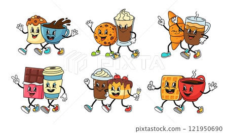 Cartoon coffee and dessert couples. Retro mascot pairs of sweets and coffee cups. Espresso and croissant, chocolate bar and cake with coffee to go, waffle and cookie with drinks vector set Cartoon coffee and dessert couples. Retro mascot pairs of sweets and coffee cups. Espresso and croissant, chocolate bar and cake with coffee to go, waffle and cookie with drinks vector set 121950690