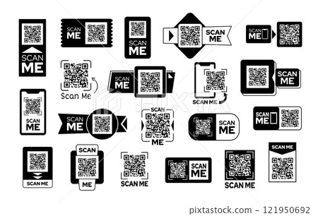 Scan qr code frames. Scan me stickers for mobile app or instant payment, smartphone scanning banners for marketing, social media promotions and information sharing isolated vector templates set 121950692