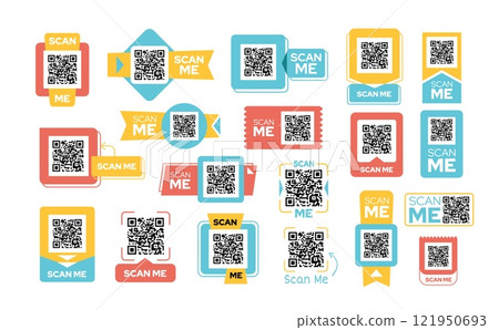 Colorful QR code labels. Scan me frames, smartphone code templates, mobile payment or app promotional stickers various shapes isolated vector set 121950693