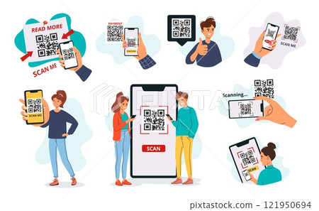 QR code frames with people. Cartoon characters using smartphones to scan qr codes, mobile scanning process and scan me templates with phone in hand. Vector illustrations set 121950694
