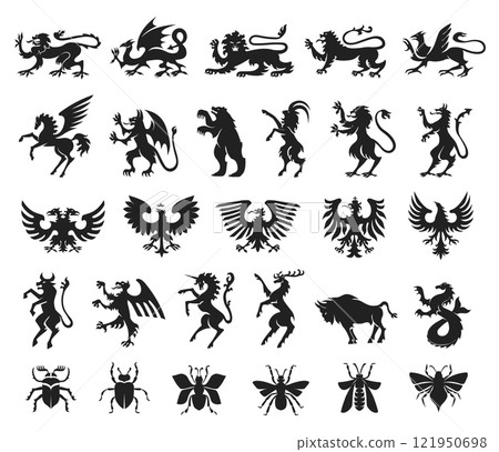 Heraldic silhouettes. Stencil mythical creatures, animals and insects. Fantasy dragon, magical unicorn, royal lion, bird, deer and bull. Coat of arms supporters, emblem creation vector set 121950698