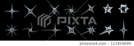Liquid chrome star icons. Shiny starburst shapes, metallic Y2K spark, retro futuristic glossy 3D stars with liquid metal effect isolated vector elements set Liquid chrome star icons. Shiny starburst shapes, metallic Y2K spark, retro futuristic glossy 3D stars with liquid metal effect isolated vector elements set 121950699