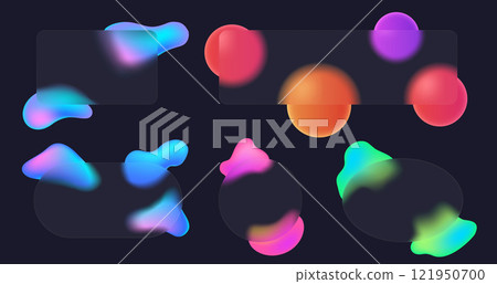 Glassmorphism frames. Translucent glass panels with colorful fluid shape gradient and blurry overlay effect. Semi transparent backgrounds with fluid design elements vector set 121950700