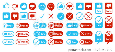 Do's and Don'ts symbols. Thumbs up and thumbs down icons, checkmarks and crosses for approval and disapproval with speech bubbles and label frames vector set Do's and Don'ts symbols. Thumbs up and thumbs down icons, checkmarks and crosses for approval and disapproval with speech bubbles and label frames vector set 121950709