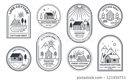 Cottage emblems. Vintage cabin retreats, outdoor getaways and countryside vacation branding badges with lake, forest, and mountain cottages. Nature tourism vector templates set 121950751